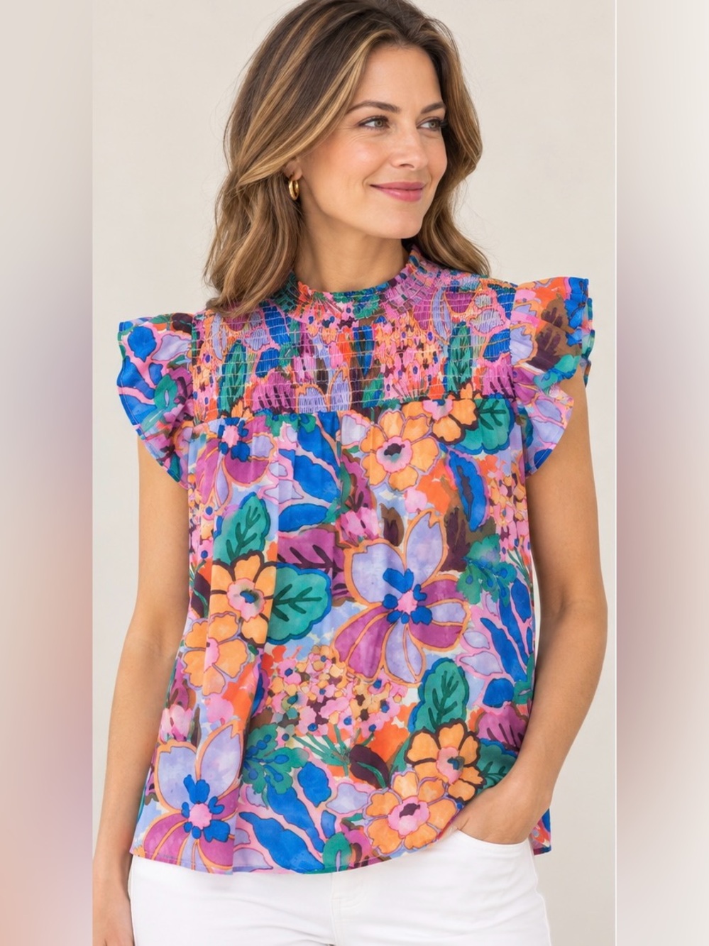 THML Multicolor Floral Smocked Ruffle Sleeve Blouse